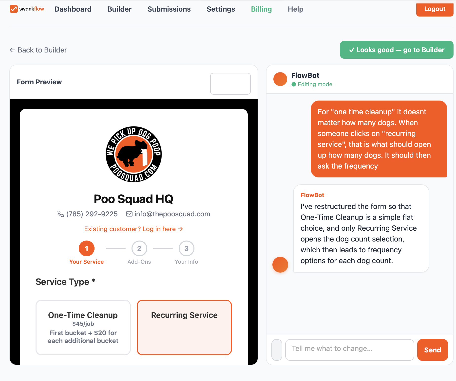 FlowBot AI builder modifying a Swankflow form
