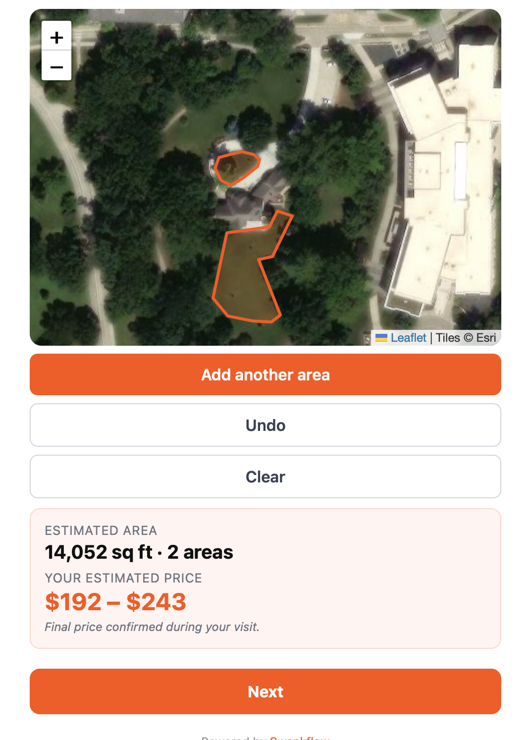 Customer drawing service areas on a satellite map with auto-calculated price